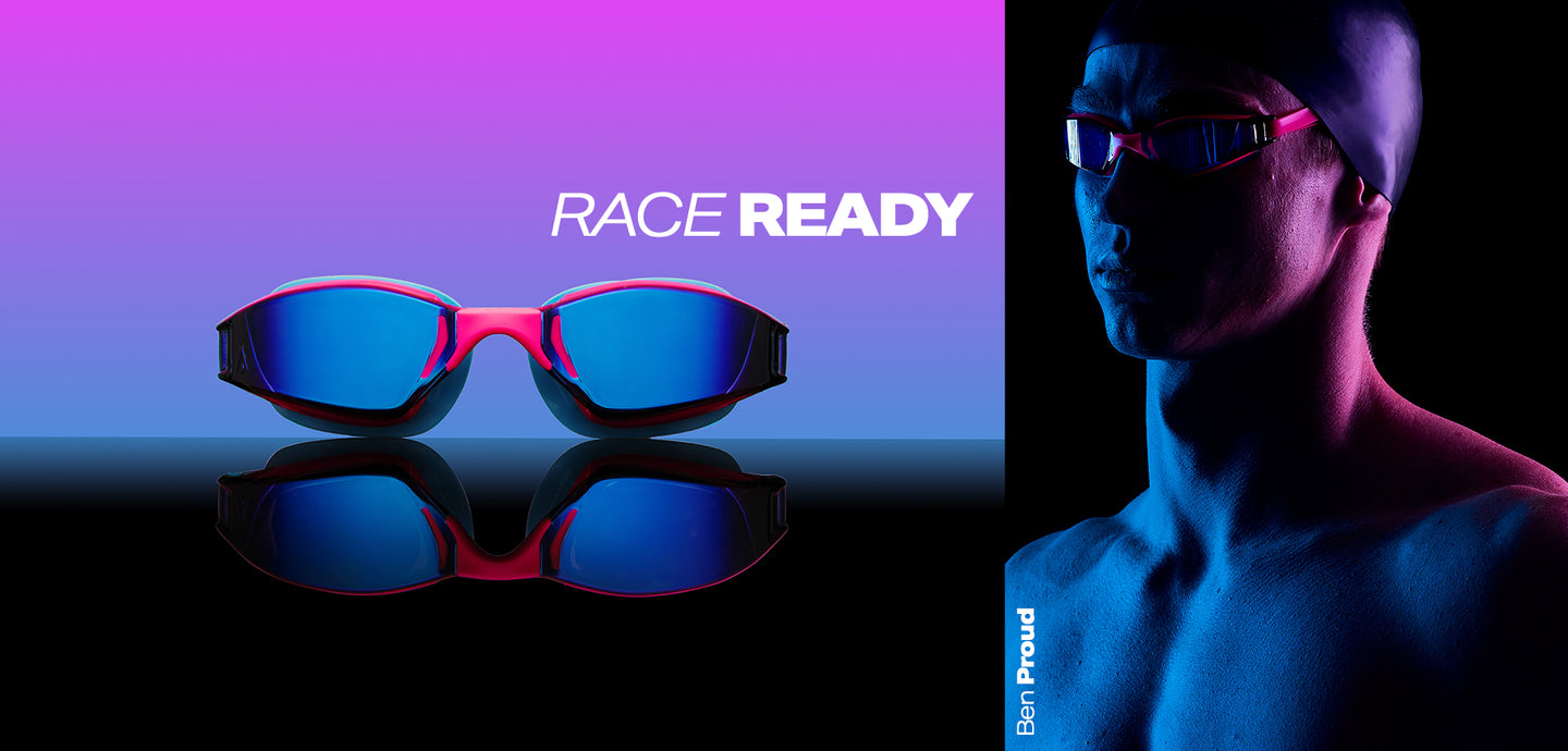 Ben Proud wearing Aquasphere Xceed goggles, race ready banner